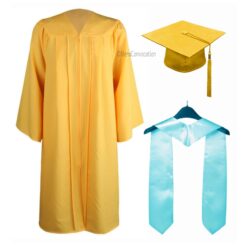 ''Yellow Matte Graduation Gown with Sky Blue Stole''>