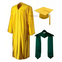 ''Yellow Shiny Convocation Gown and Cap with Dark Green Stole''>