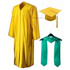 ''Yellow Shiny Convocation Gown and Cap with Peacock Green Stole''>