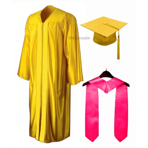 ''Yellow Shiny Convocation Gown and Cap with Pink Stole''>