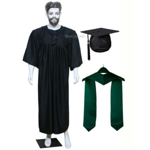 ''Black Matte Graduation Gown with Dark Green Sash''>