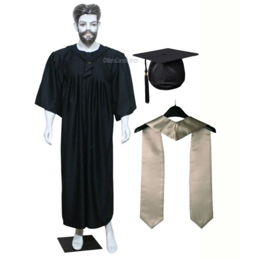 ''Black Matte Graduation Gown with Grey Sash''>