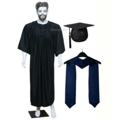 ''Black Matte Graduation Gown with Navy Blue Sash''>