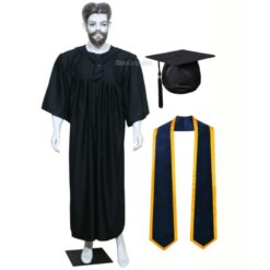 ''Black Matte Graduation Gown with Navy Blue Sash and Yellow Piping''>