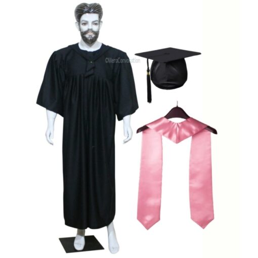 ''Black Matte Graduation Gown with Pink Sash''>