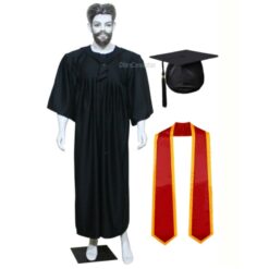 ''Black Matte Graduation Gown with Red Sash and Yellow Piping''>