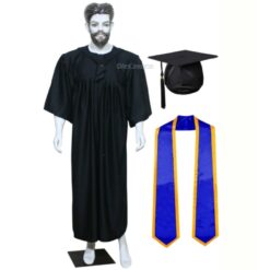 ''Black Matte Graduation Gown with Royal Blue Sash and Yellow Piping''>