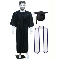 ''Black Matte Graduation Gown with White Sash and Navy Blue Piping''>