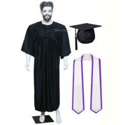 ''Black Matte Graduation Gown with White Sash and Purple Piping''>