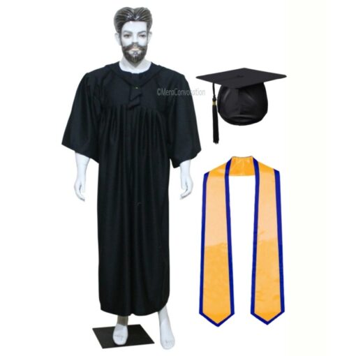 ''Black Matte Graduation Gown with Yellow Sash and Blue Piping''>