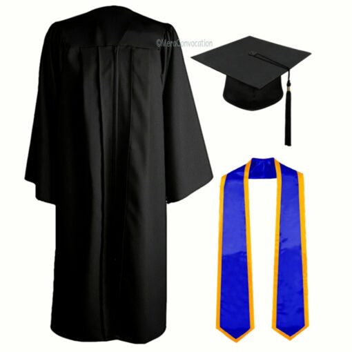 ''Black Matte Zipper Graduation Gown and Royal Blue Stole with Yellow Piping''>