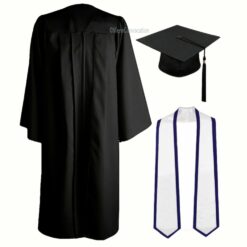 ''Black Matte Zipper Graduation Gown and White Stole with Navy Blue Piping''>