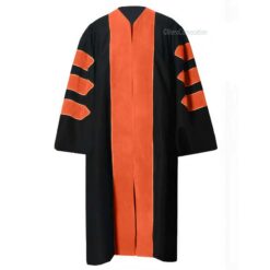 ''Black PhD Graduation Gown with Orange Velvet Border''>