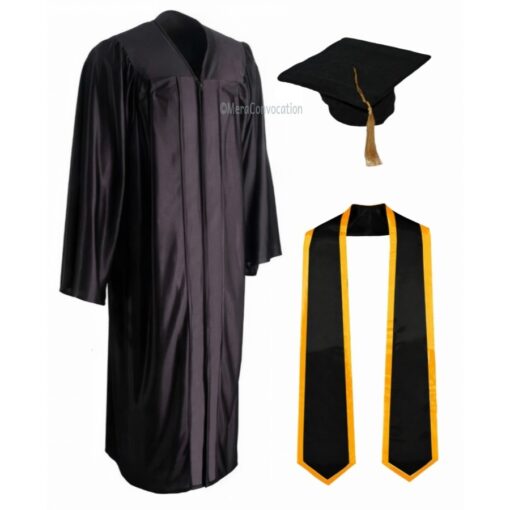 ''Black Shiny Convocation Gown and Cap with Black Stole & Yellow Piping''>