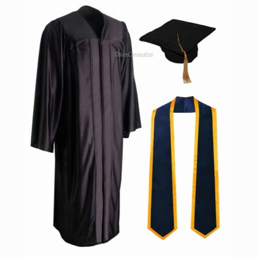 ''Black Shiny Convocation Gown and Cap with Navy Blue Stole & Yellow Piping''>