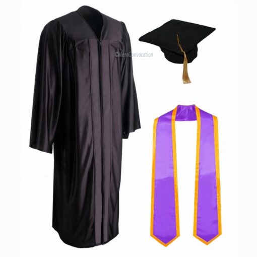 ''Black Shiny Convocation Gown and Cap with Purple Stole & Yellow Piping''>