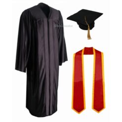 ''Black Shiny Convocation Gown and Cap with Red Stole & Yellow Piping''>