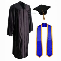 ''Black Shiny Convocation Gown and Cap with Royal Blue Stole & Yellow Piping''>