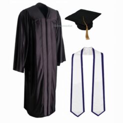 ''Black Shiny Convocation Gown and Cap with White Stole & Navy Blue Piping''>
