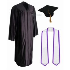 ''Black Shiny Convocation Gown and Cap with White Stole & Purple Piping''>