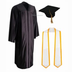 ''Black Shiny Convocation Gown and Cap with White Stole & Yellow Piping''>