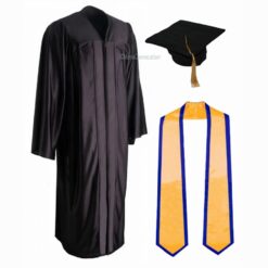 ''Black Shiny Convocation Gown and Cap with Yellow Stole & Blue Piping''>