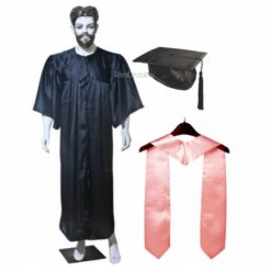 ''Black Shiny Graduation Gown and Cap with Baby Pink Sash''>