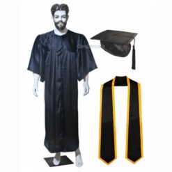''Black Shiny Graduation Gown and Cap with Black Sash and Yellow Piping''>