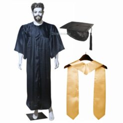 ''Black Shiny Graduation Gown and Cap with Cream Sash''>