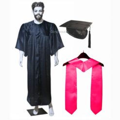 ''Black Shiny Graduation Gown and Cap with Dark Pink Sash''>