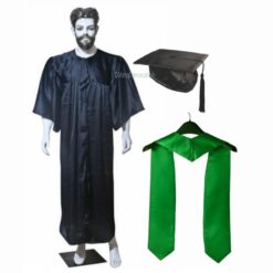 ''Black Shiny Graduation Gown and Cap with Green Sash''>
