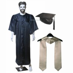 ''Black Shiny Graduation Gown and Cap with Grey Sash''>