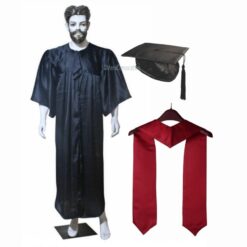 ''Black Shiny Graduation Gown and Cap with Maroon Sash''>