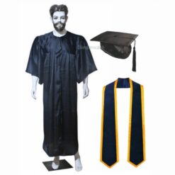 ''Black Shiny Graduation Gown and Cap with Navy Blue Sash and Yellow Piping''>