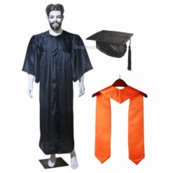 ''Black Shiny Graduation Gown and Cap with Orange Sash''>