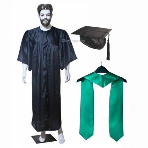 ''Black Shiny Graduation Gown and Cap with Peacock Green Sash''>