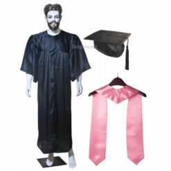 ''Black Shiny Graduation Gown and Cap with Pink Sash''>