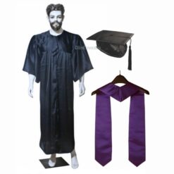 ''Black Shiny Graduation Gown and Cap with Purple Sash''>