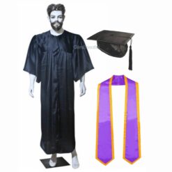 ''Black Shiny Graduation Gown and Cap with Purple Sash and Yellow Piping''>