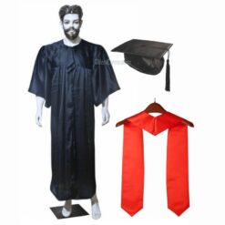 ''Black Shiny Graduation Gown and Cap with Red Sash''>