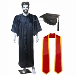 ''Black Shiny Graduation Gown and Cap with Red Sash and Yellow Piping''>