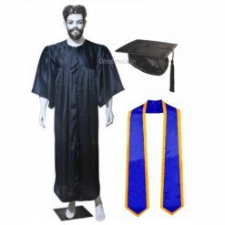 ''Black Shiny Graduation Gown and Cap with Royal Blue Sash and Yellow Piping''>