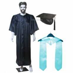 ''Black Shiny Graduation Gown and Cap with Sky Blue Sash''>