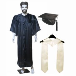 ''Black Shiny Graduation Gown and Cap with White Sash''>