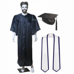 ''Black Shiny Graduation Gown and Cap with White Sash and Navy Blue Piping''>