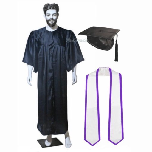 ''Black Shiny Graduation Gown and Cap with White Sash and Purple Piping''>