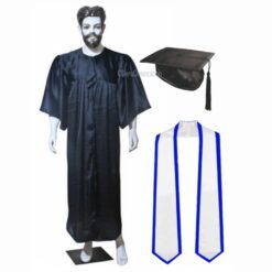 ''Black Shiny Graduation Gown and Cap with White Sash and Royal Blue Piping''>
