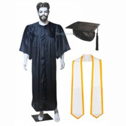 ''Black Shiny Graduation Gown and Cap with White Sash and Yellow Piping''>