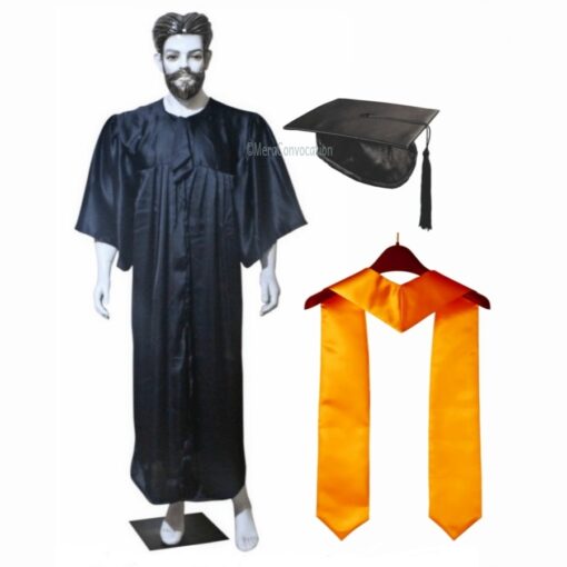 ''Black Shiny Graduation Gown and Cap with Yellow Sash''>