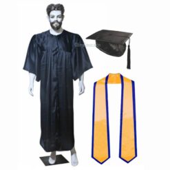''Black Shiny Graduation Gown and Cap with Yellow Sash and Blue Piping''>